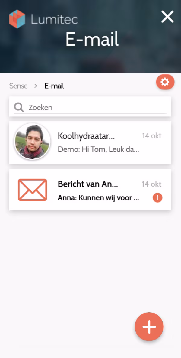 Luimtec e-mailapp met ongelezen bericht en onderwerp koolhydraatar en bericht van anna alles op één plek